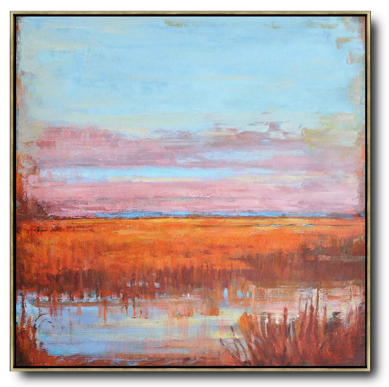 Handmade Large Painting,Abstract Landscape Oil Painting,Hand Made Original Art Blue,Pink,Orange,Red